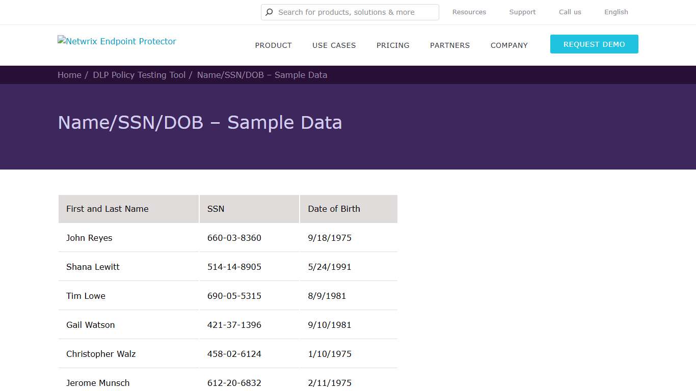 Name/SSN/DOB – Sample Data – DLP Policy Testing Tool – Endpoint Protector